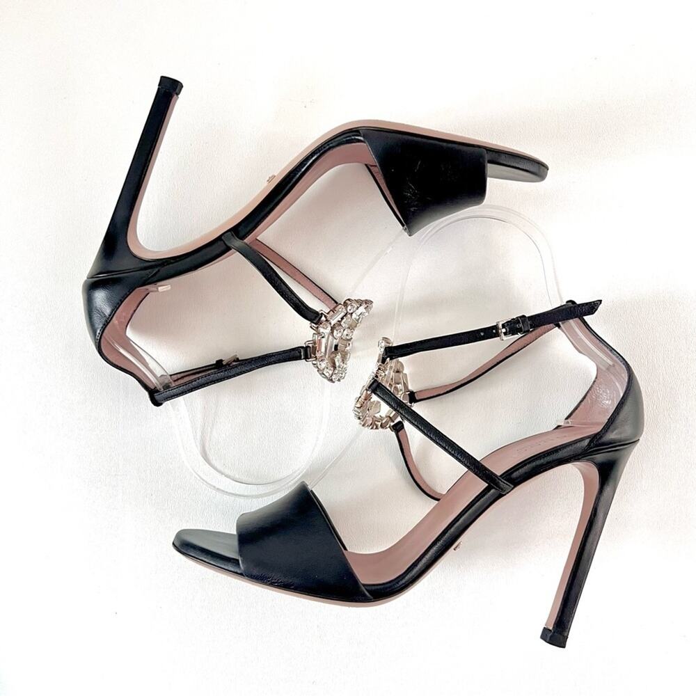 GUCCI || GG Crystal Logo Strappy Heels Black Leather Sandals EU 38 - Picture 7 of 12
